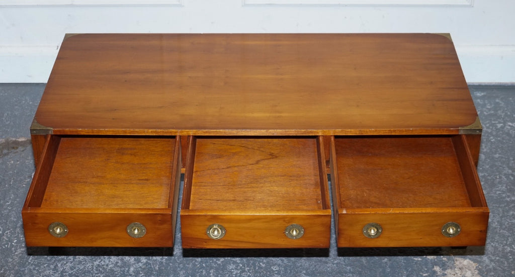VINTAGE BURR YEW WOOD BRASS MILITARY CAMPAIGN 3 DRAWER COFFEE TABLE