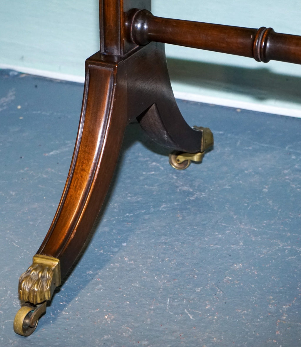 VINTAGE HARDWOOD DROP LEAF SIDE TABLE WITH SABER LEGS AND BRASS PAW FEET