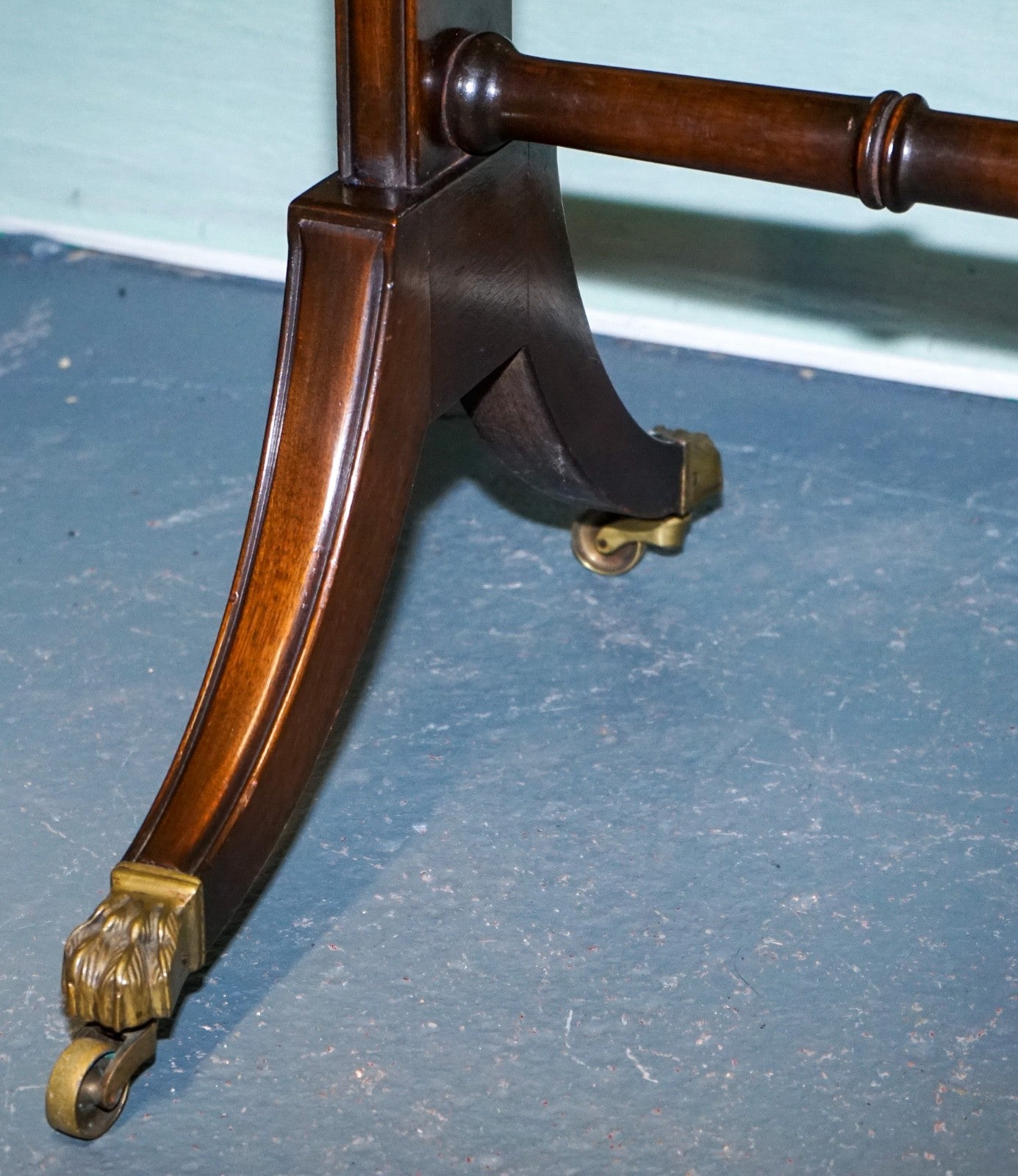 VINTAGE HARDWOOD DROP LEAF SIDE TABLE WITH SABER LEGS AND BRASS PAW FEET