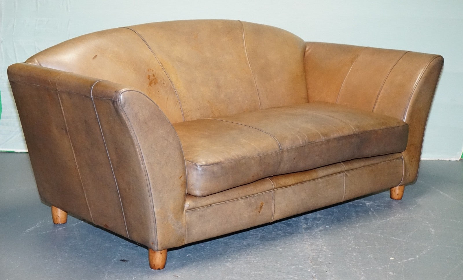 VINTAGE ART DECO STYLE BROWN LEATHER TWO SEATER SOFA