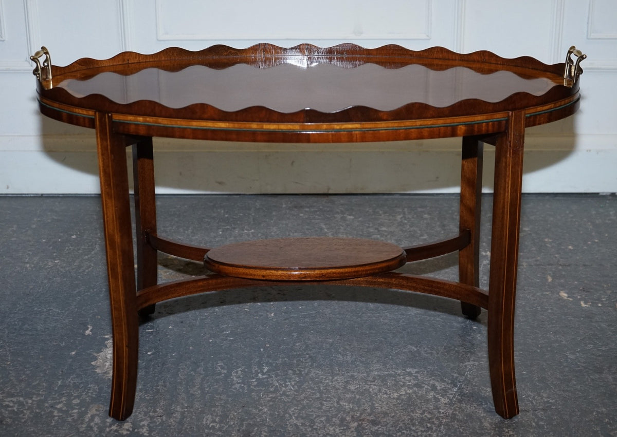 ANTIQUE RESTORED GEORGE III OVL SERVING TRAY AND TABLE WITH  SCALLOPED GALLERY