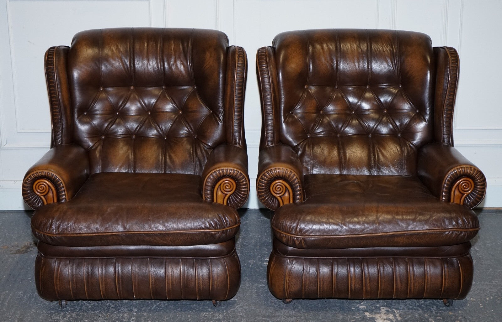 VINTAGE PAIR OF BRITISH MADE BROWN AGED LEATHER MONK CHESTERFIELD ARMCHAIRS