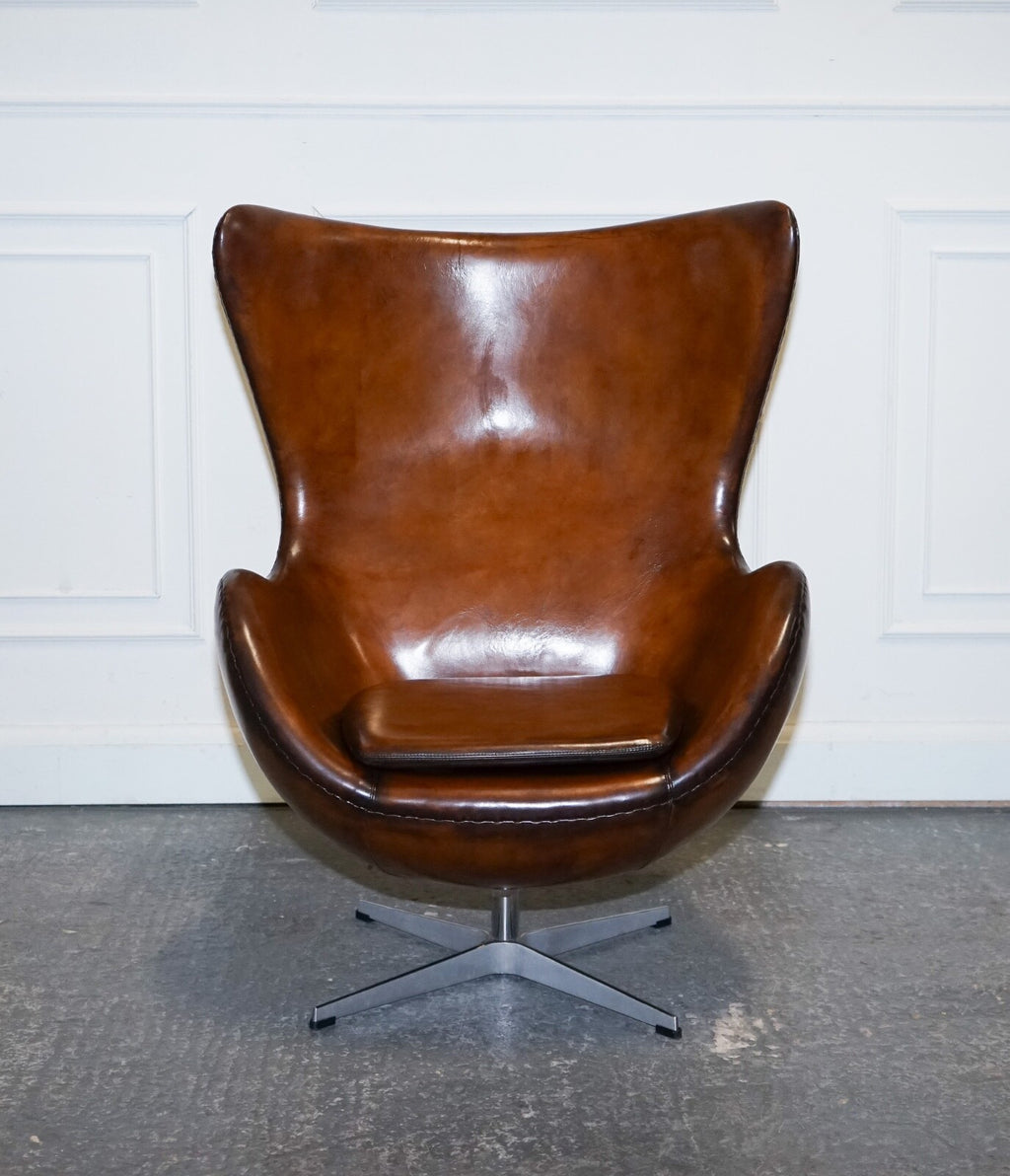 FRITZ HANSEN STYLE VINTAGE HAND DYED WHISKEY BROWN EGG CHAIR