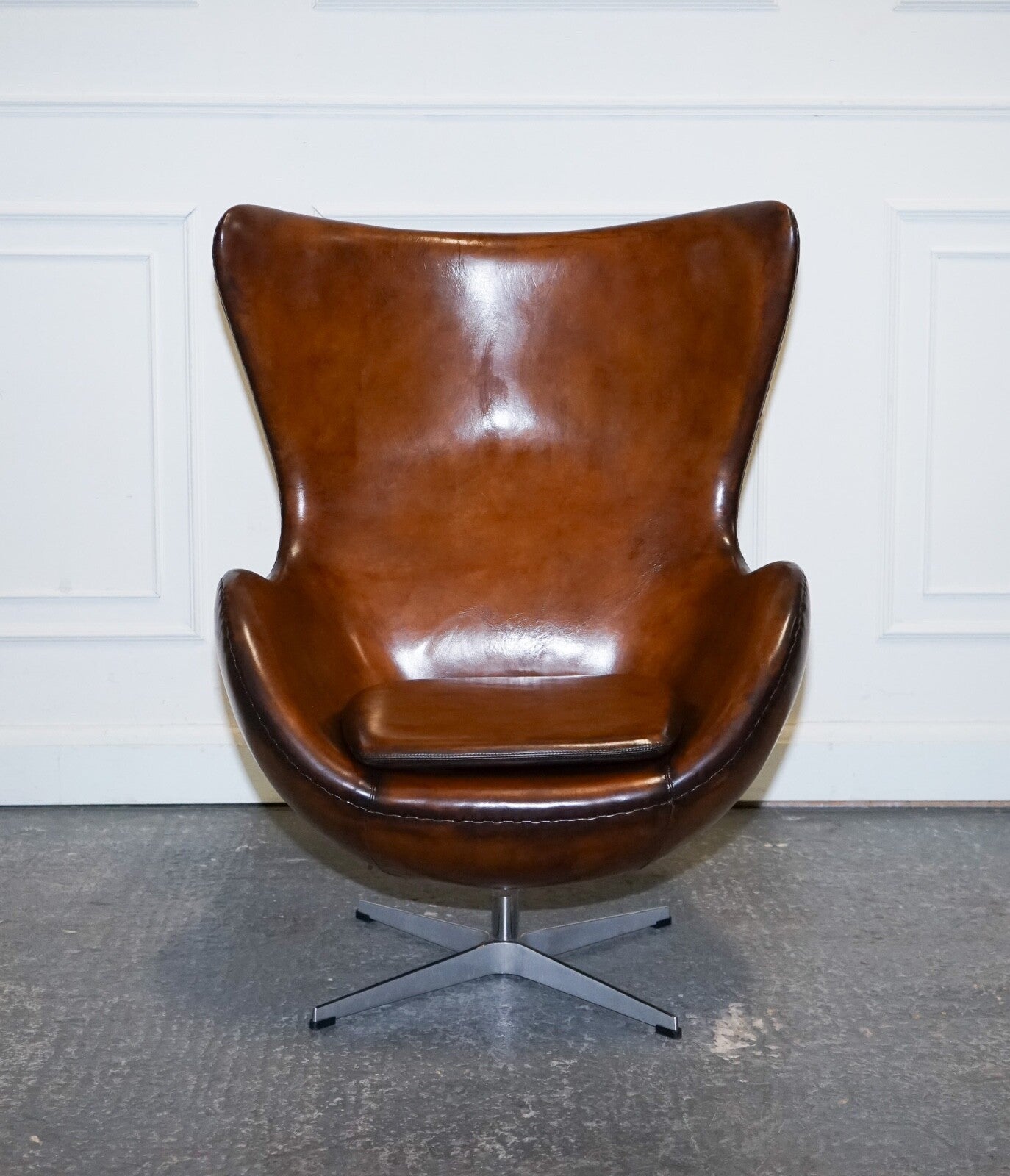 FRITZ HANSEN STYLE VINTAGE HAND DYED WHISKEY BROWN EGG CHAIR