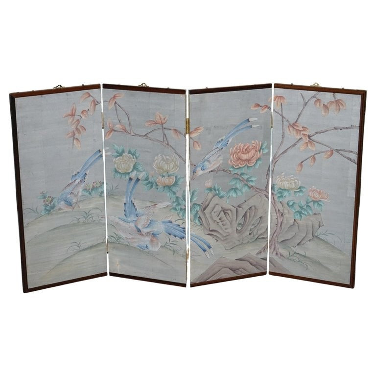 VINTAGE EXOTIC ORIENTAL BIRDS & FLOWERS FOLDING FOUR PANEL PETITE ROOM DIVIDER
