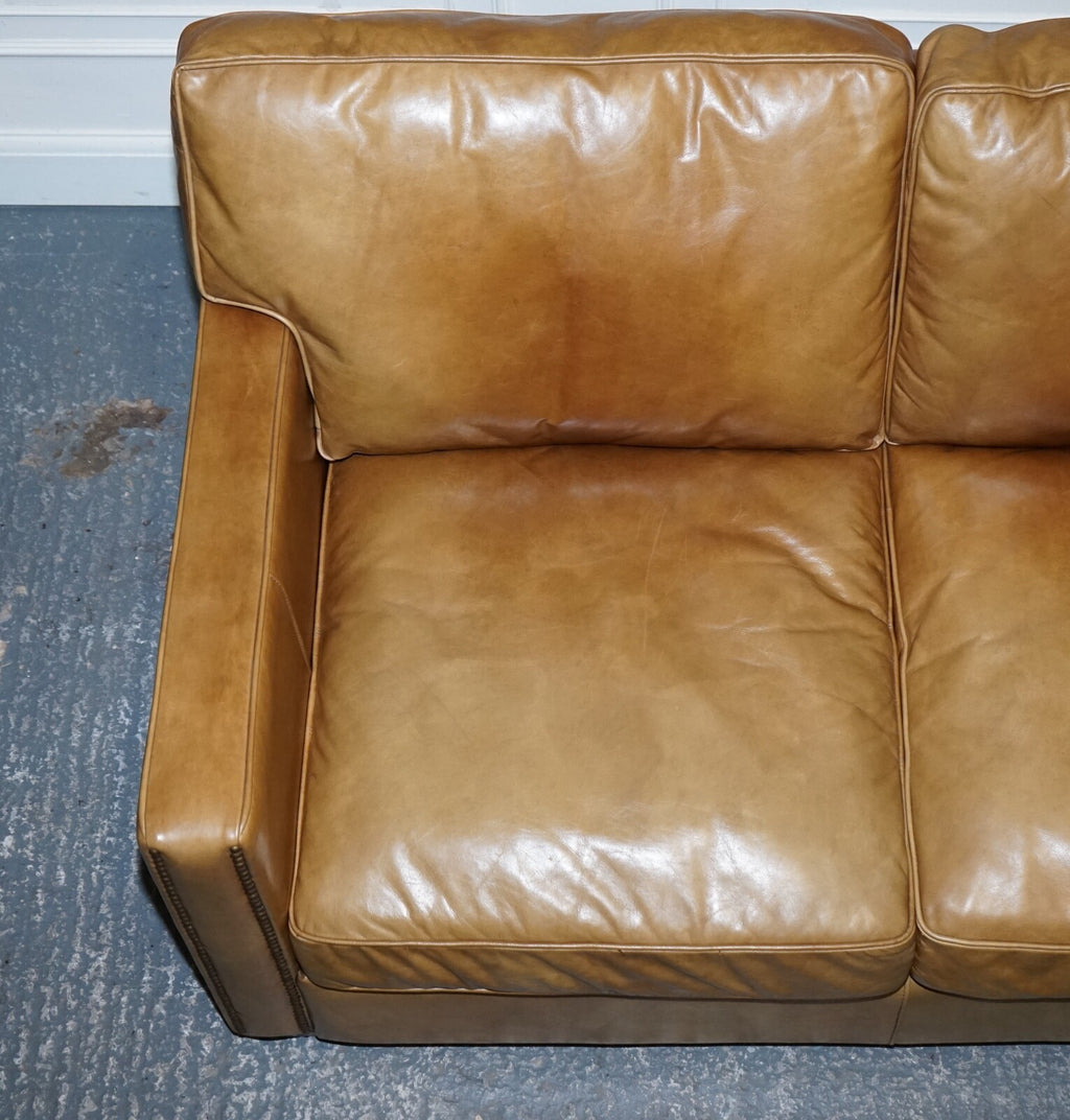 TIMOTHY OULTON HALO TWO SEATER VISCOUNT TAN LEATHER SOFA (1/2)