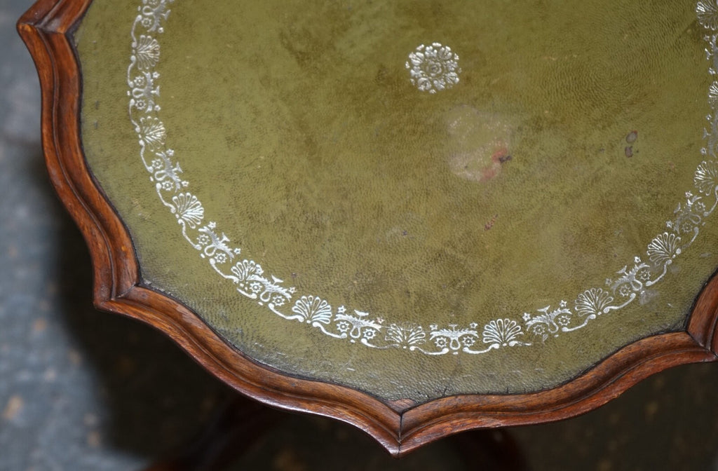 LOVELY VINTAGE GREEN LEATHER TOP PLANT WINE SIDE STAND ON TRIPOD FEET