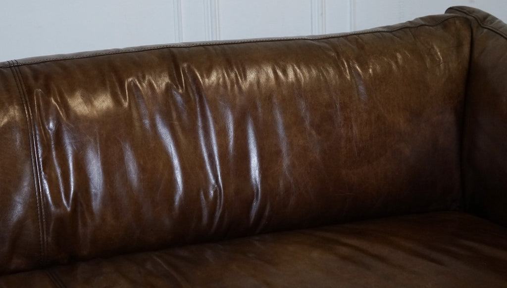 HALO GROUCHO BEAUTIFUL BROWN LEATHER THREE SEATER COMPACT SOFA