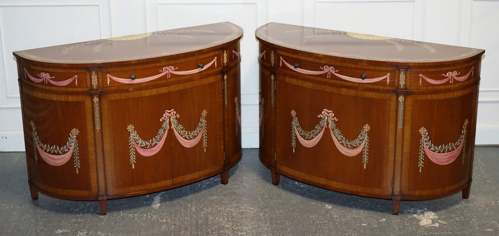FINE SUBSTANTIAL PAIR OF HAND PAINTED DEMI LUNE SHERATON STYLE CONSOLE CABINETS