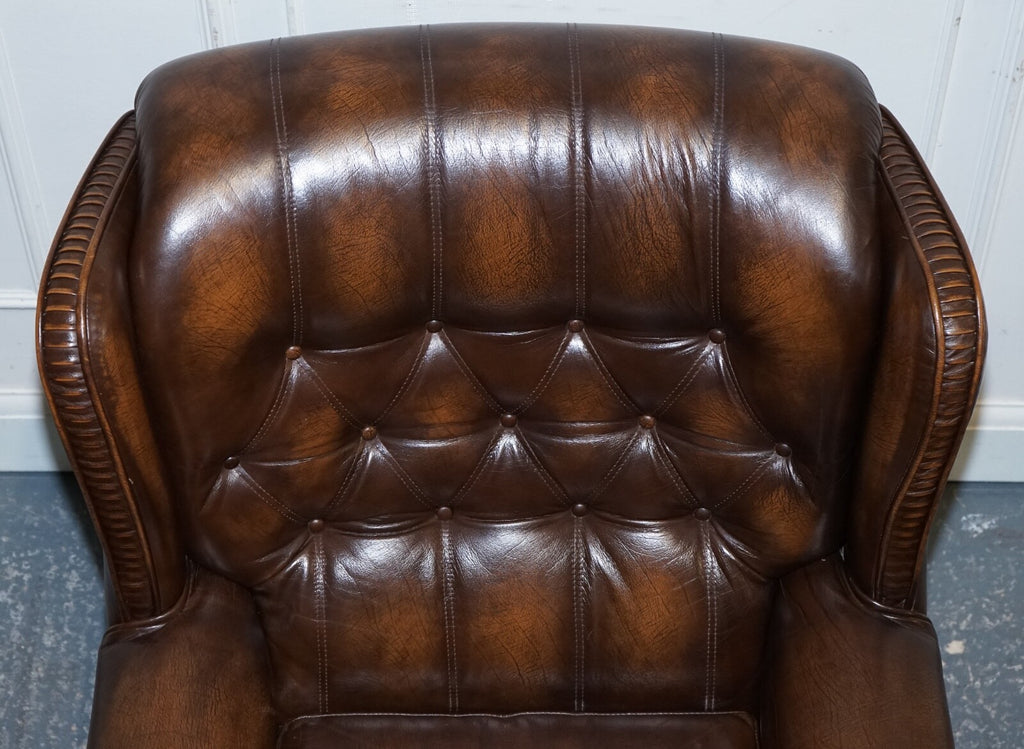 VINTAGE PAIR OF BRITISH MADE BROWN AGED LEATHER MONK CHESTERFIELD ARMCHAIRS