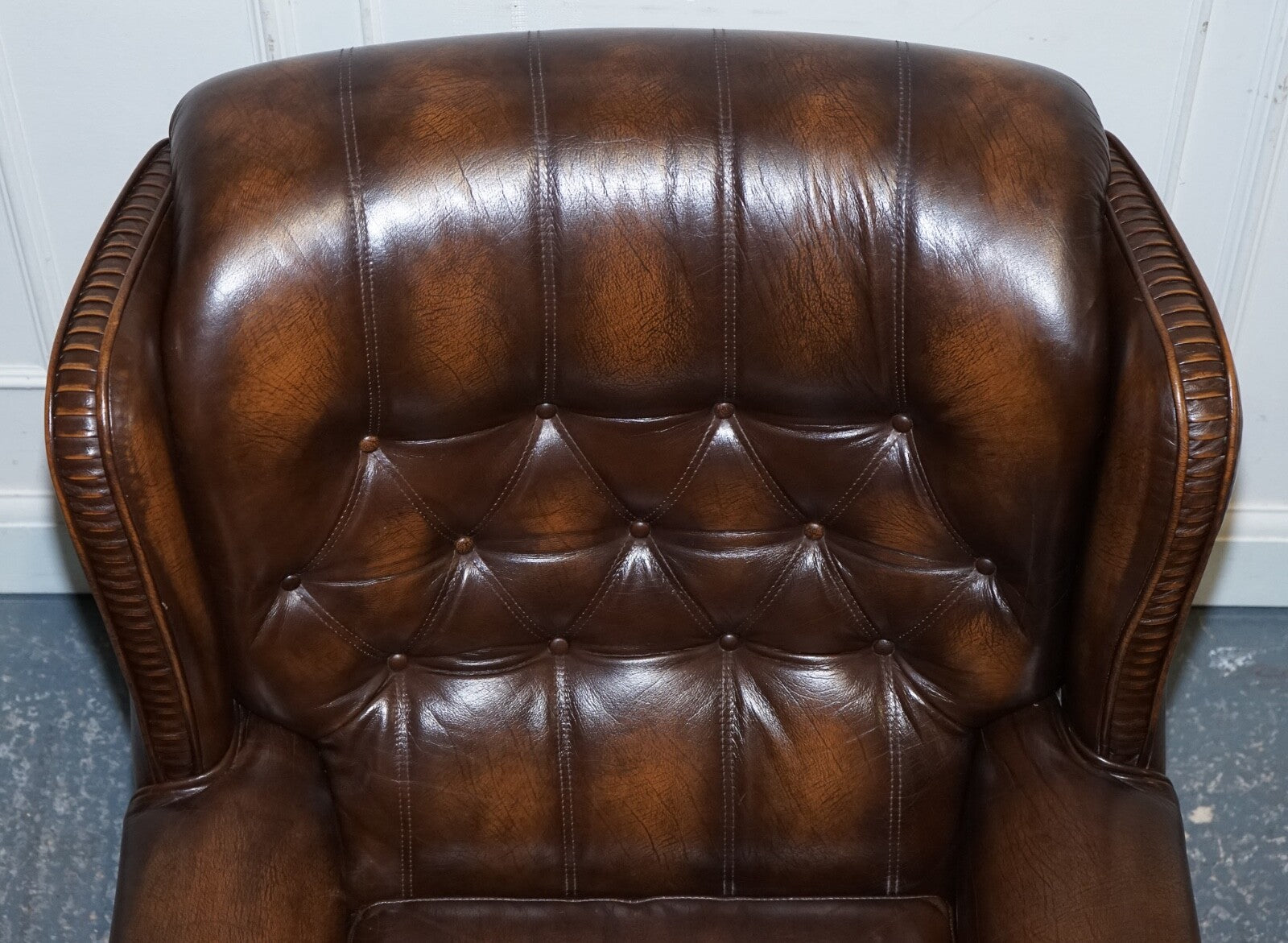 VINTAGE PAIR OF BRITISH MADE BROWN AGED LEATHER MONK CHESTERFIELD ARMCHAIRS