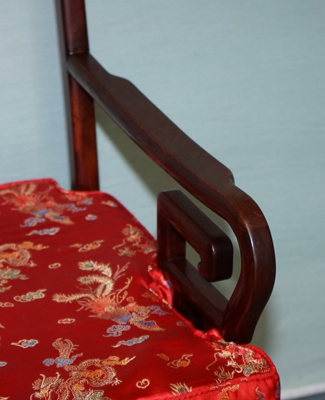PAIR VINTAGE ORIENTAL CHINESE HARD WOOD CARVER ARMCHAIRS WITH CUSHIONS