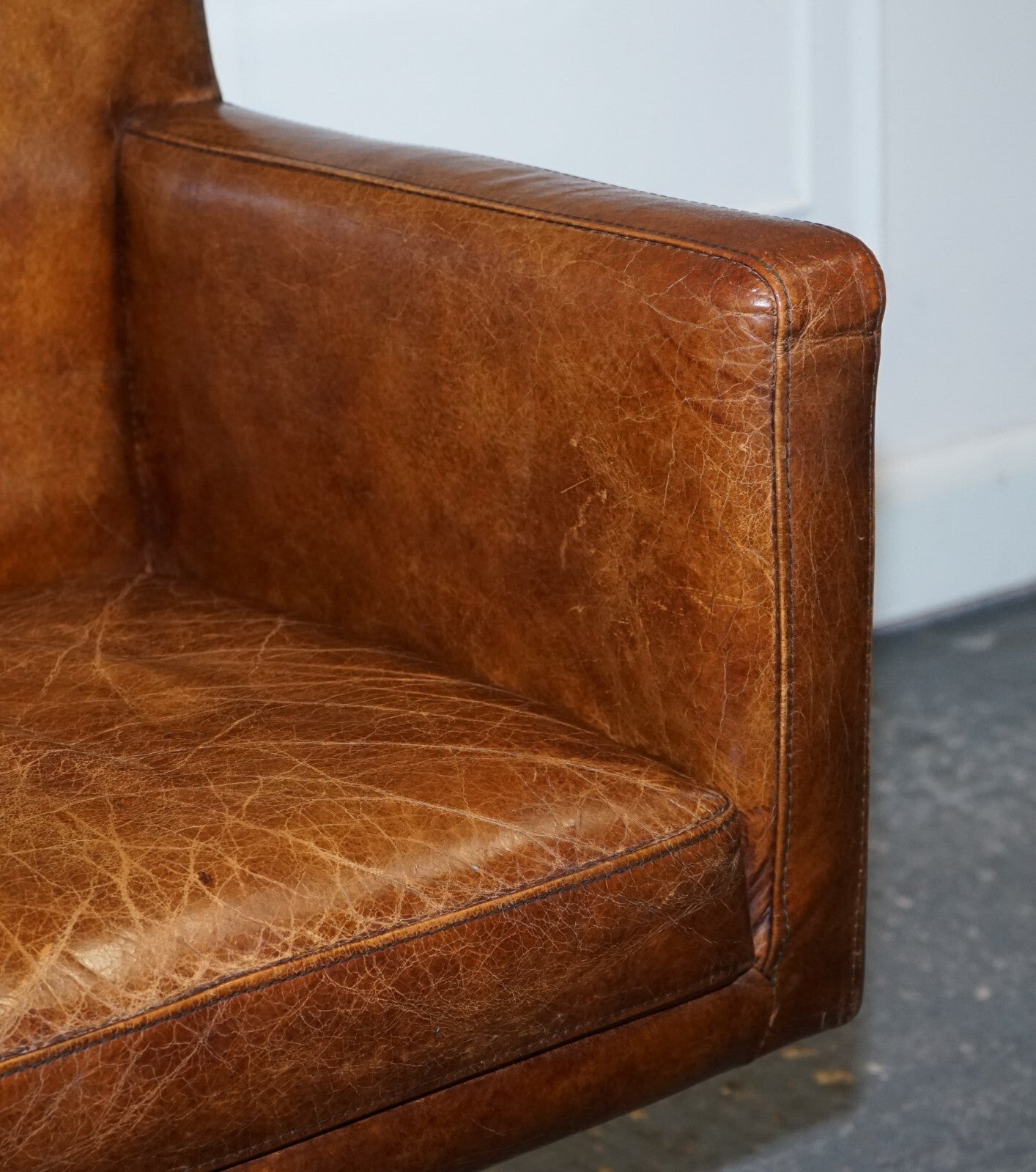 VINTAGE BROWN LEATHER AVIATOR METAL SWIVEL OFFICE CAPTAINS ARMCHAIR
