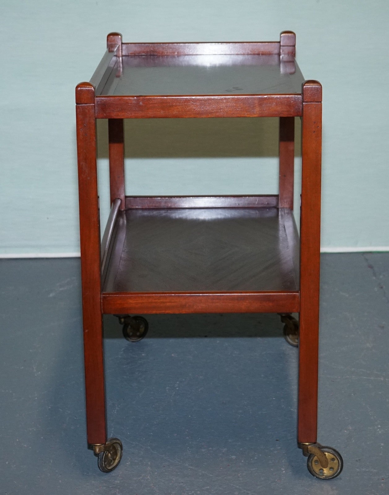 1960s VINTAGE TWO TIER WOODEN TEA TROLLET ON BRASS CASTERS