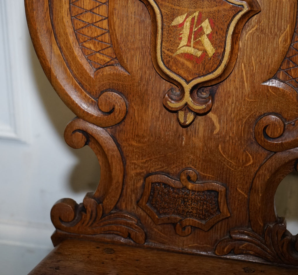ANTIQUE PAIR OF VICTORIAN SOLID OAK CARVED HALLWAY CHAIRS WITH LION PAW FEET
