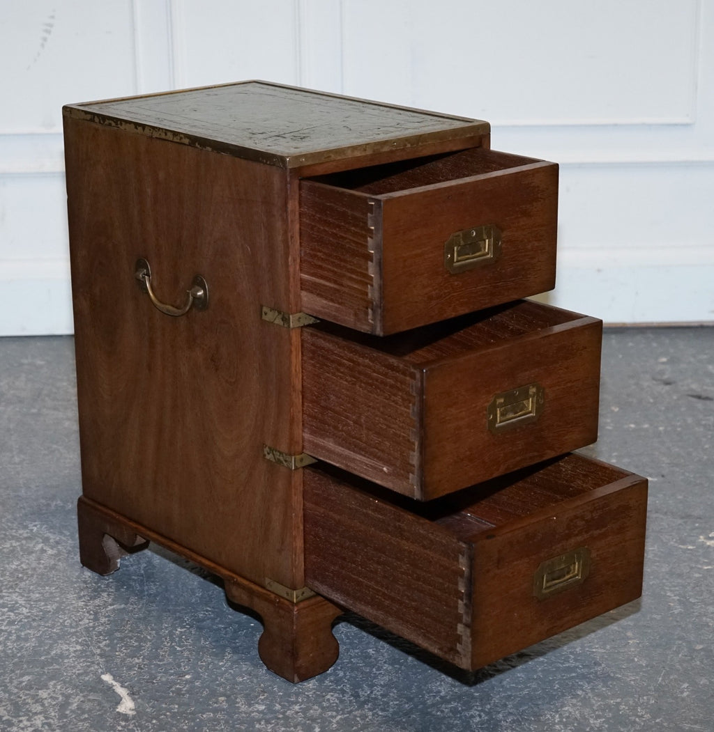 VINTAGE MILITARY CAMPAIGN BEDSIDE NIGHTSTAND SIDE TABLE WITH THREE DEEP DRAWERS