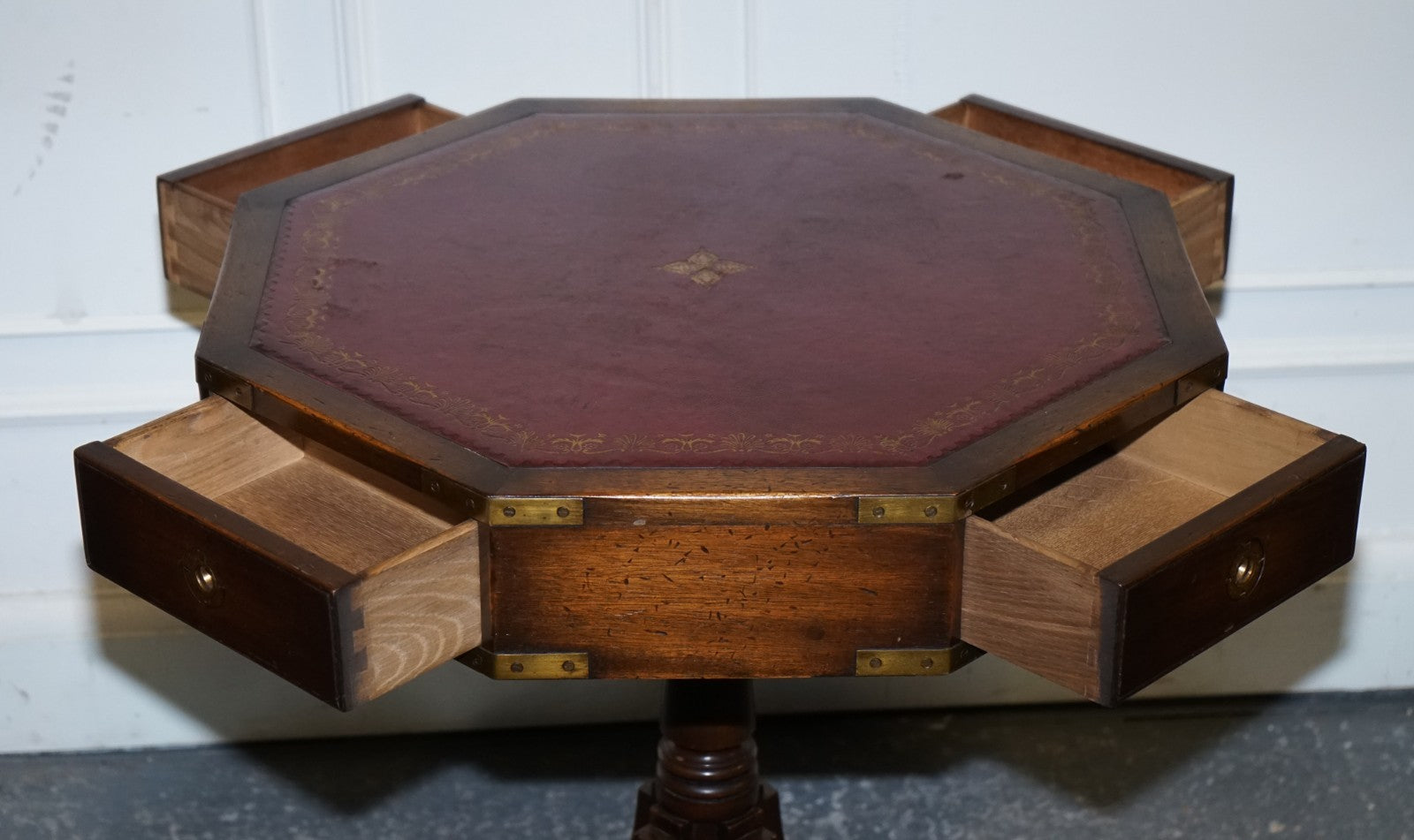 REVOLVING MILITARY CAMPAIGN BURGUNDY LEATHER DRUM SIDE END TABLE BEVAN FUNNELL
