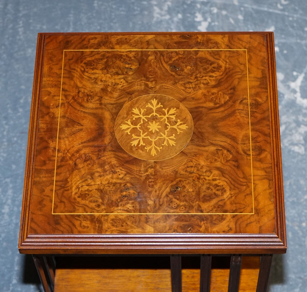 VINTAGE BURR WALNUT TOP REVOLVING BOOKCASE RAISED ON CASTORS