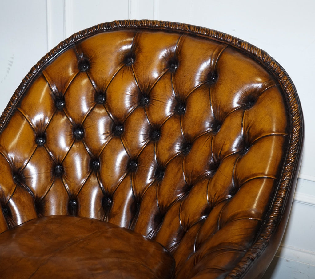 RARE PAIR OF BROWN HAND DYED LEATHER CHESTERFIELD ARMCHAIRS WITH PLEATED FRONT