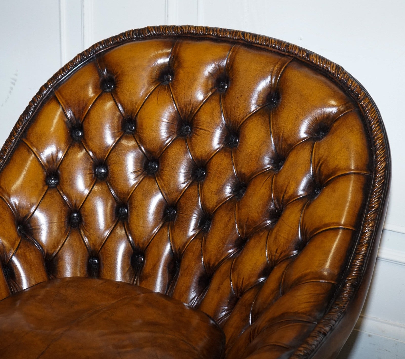 RARE PAIR OF BROWN HAND DYED LEATHER CHESTERFIELD ARMCHAIRS WITH PLEATED FRONT