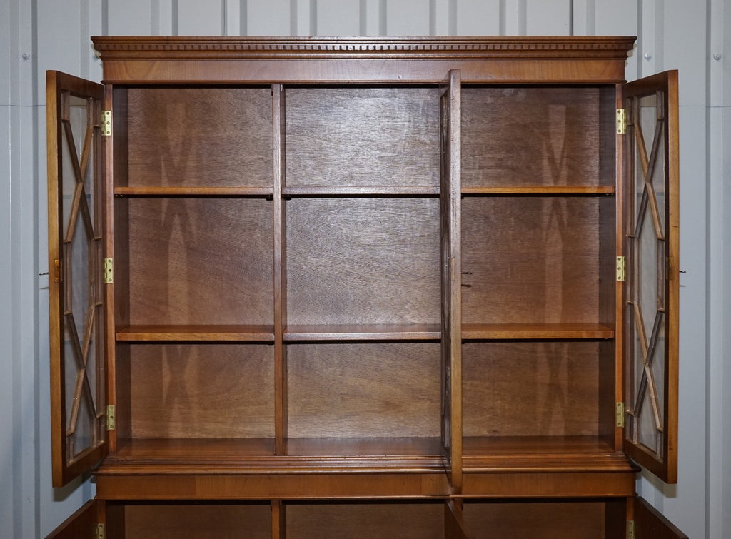 VINTAGE ENGLISH BURR YEW WOOD 3 DOOR ASTRAGAL GLAZED DISPLAY BOOKCASE CABINET