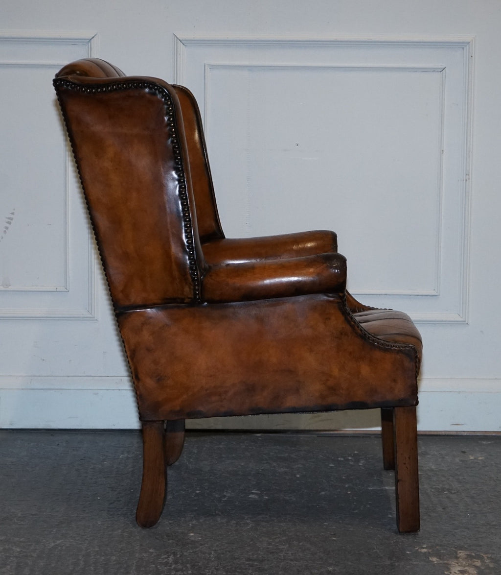 STUNNING 1960'S HAND DYED BROWN LEATHER CHESTERFIELD WINGBACK ARMCHAIRS