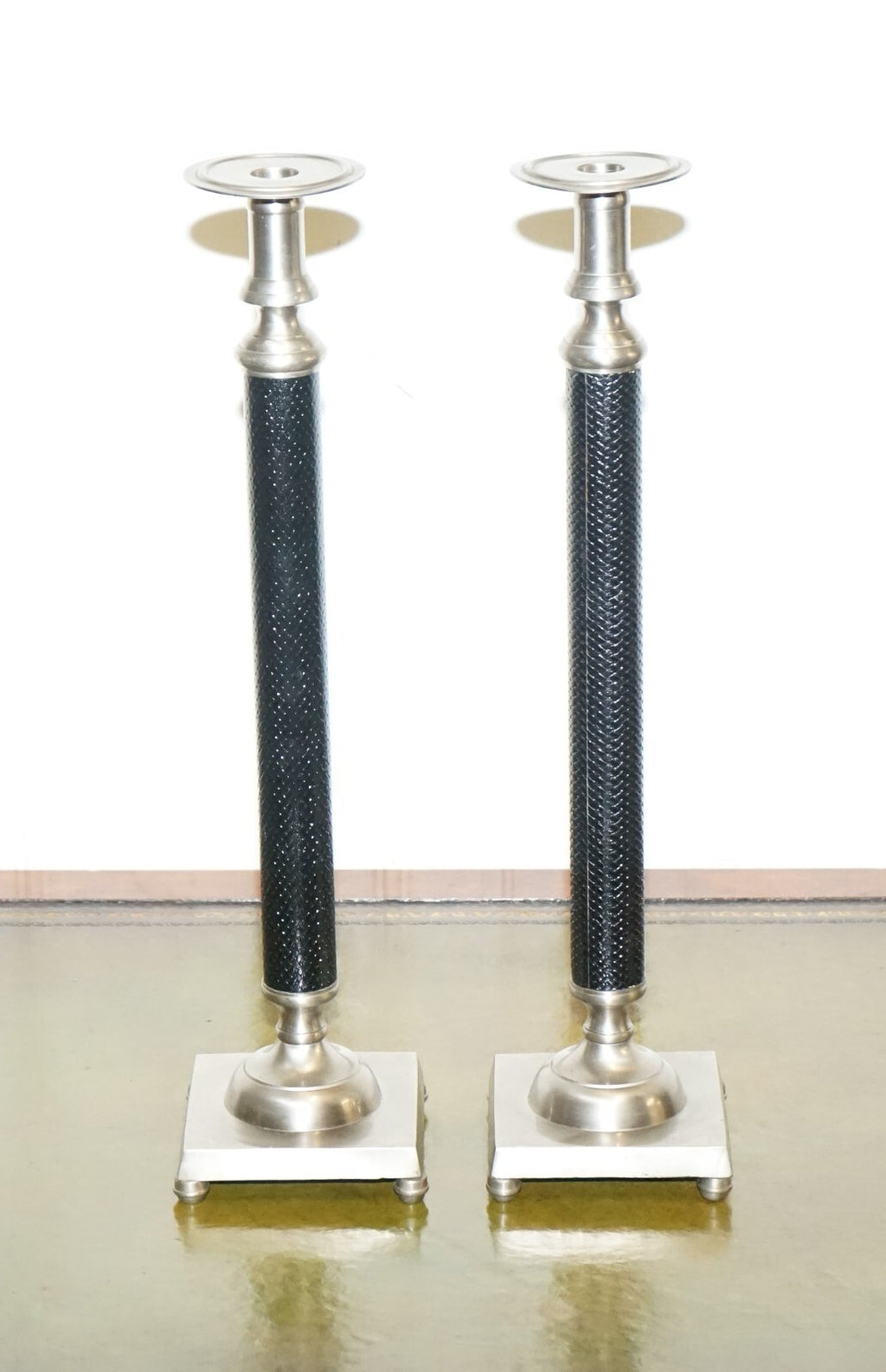 PAIR OF SILVER STAINLESS STEEL & BLACK RALPH LAUREN STYLE CANDLEHOLDERS