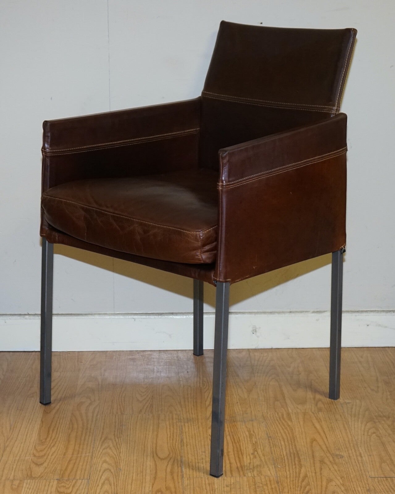 VINTAGE BROWN LEATHER AND STEEL TEXAS DINING CHAIR BY KARL FRIEDRICH FÖRSTER