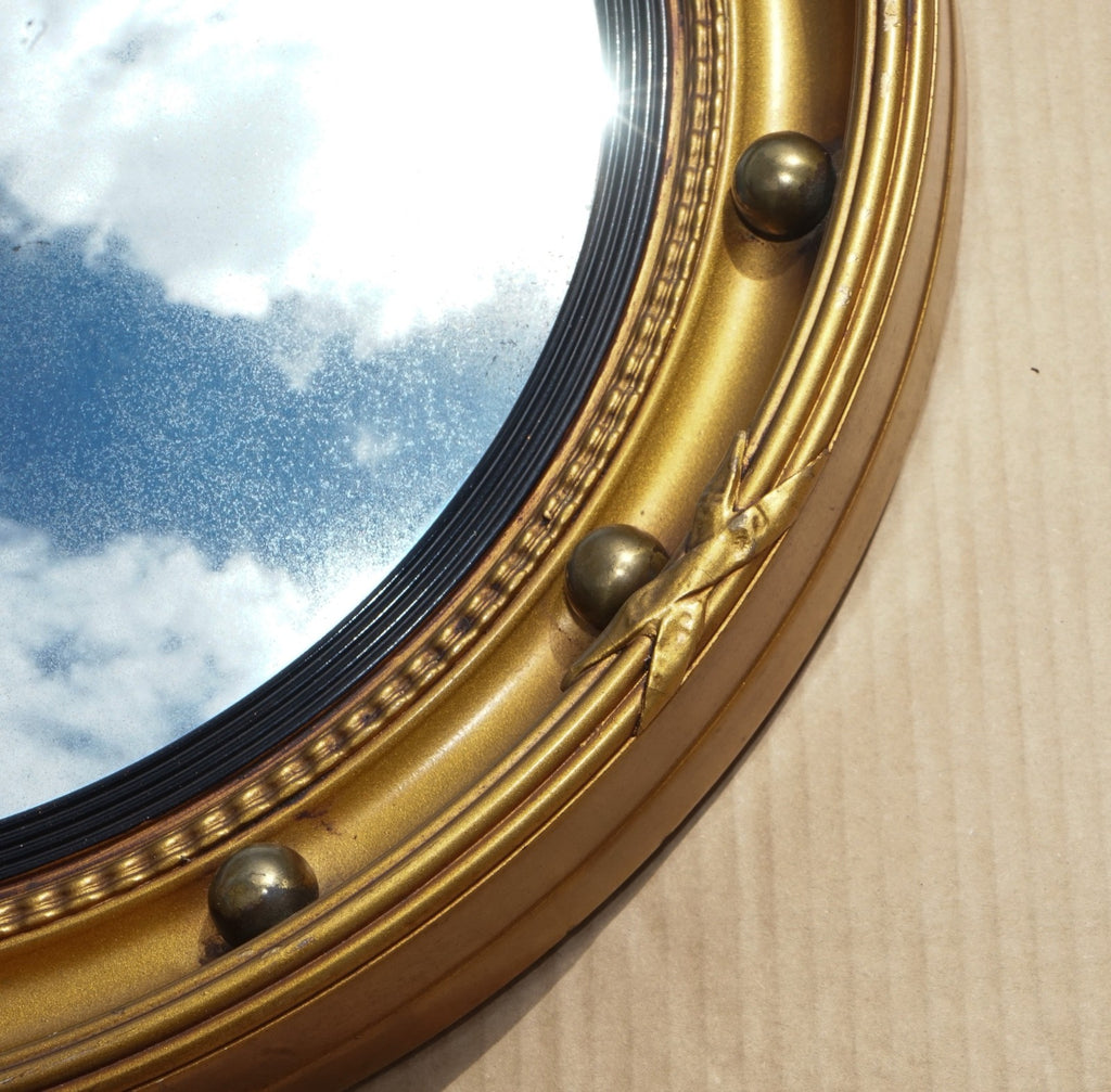ANTIQUE 1920'S BUTLERS CONVEX GOLD GILT WOOD WALL SLIGHTLY FOXED MIRROR