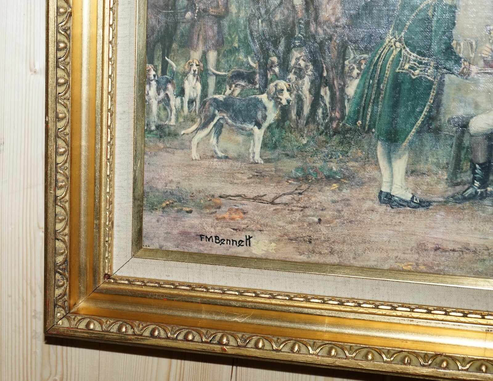 OIL PAINTING IN MANNER OF F.M.  BENNETT ''MEET AT THE LODGE' GILT STYLE FRAME