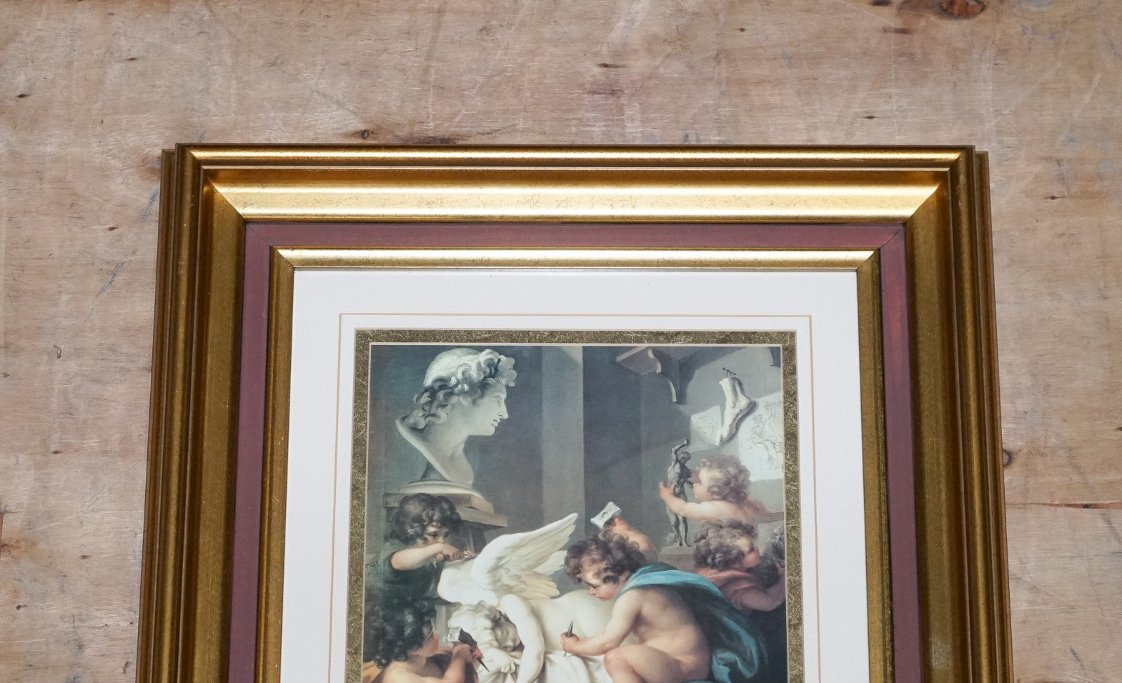 VINTAGE RENAISSANCE STYLE PRINT CHERUBS SCULPTING AN ANGEL GOLD FRAME 58 X 53 CM