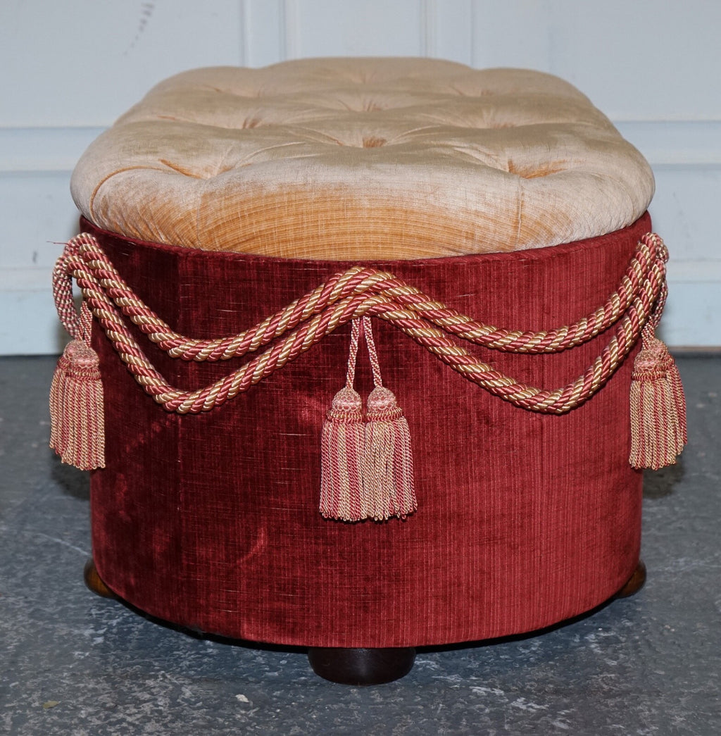 ANTIQUE VICTORIAN FABRIC OTTOMAN BLANKET BED END STORAGE BOX WITH TASSEL ACCENTS