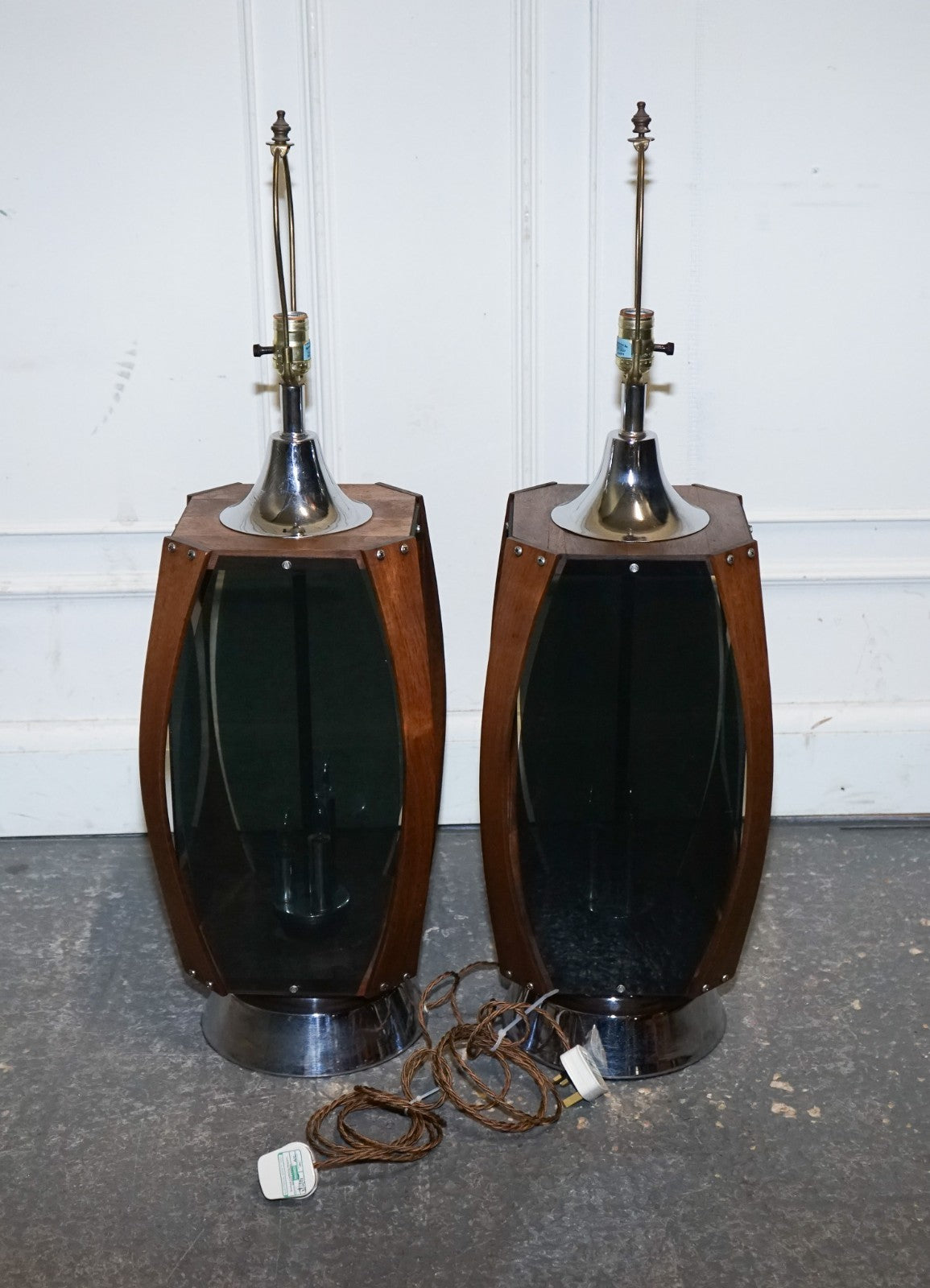 PAIR OF LARGE MODERN DANISH ACRYLIC & TEAK MID CENTURY LAMPS