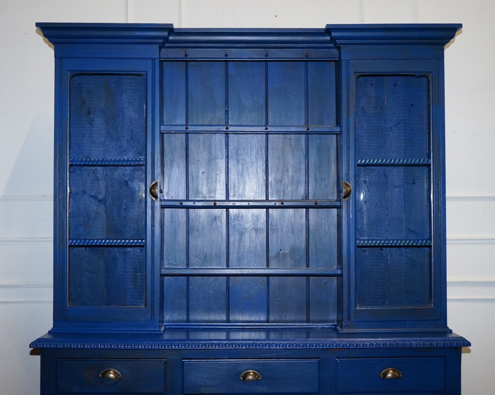 ANTIQUE VICTORIAN VIBRANT BLUE HAND PAINTED KITCHEN CUPBOARD CABINET