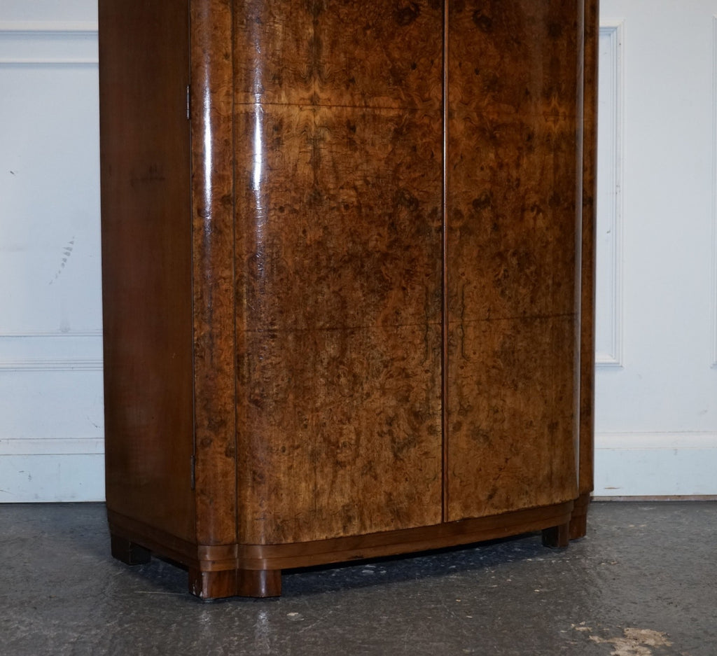 ANTIQUE CIRCA 1930'S ENGLISH BURR WALNUT ART DECO TWO DOOR WARDROBE WITH SHELVES