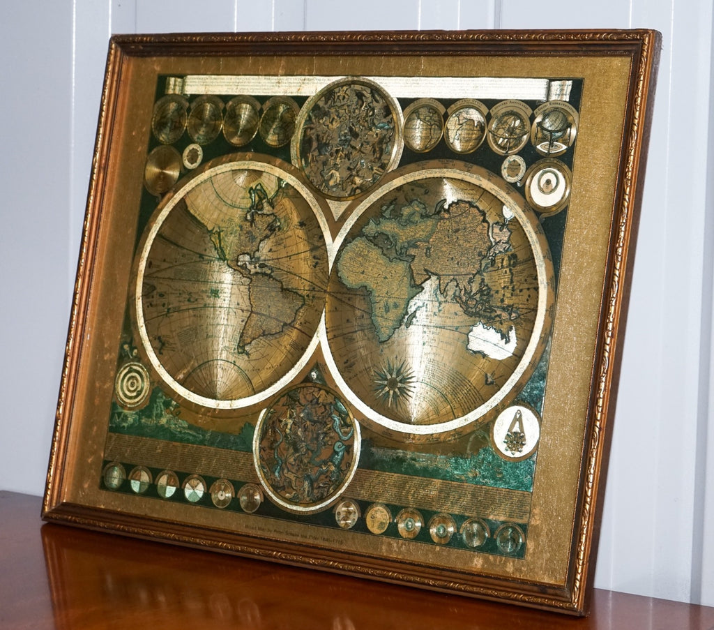 VINTAGE FRAMED PRINT PLANISPHAERIUM TERRESTRE GOLD FOIL MAP WORLD PETER SCHENK