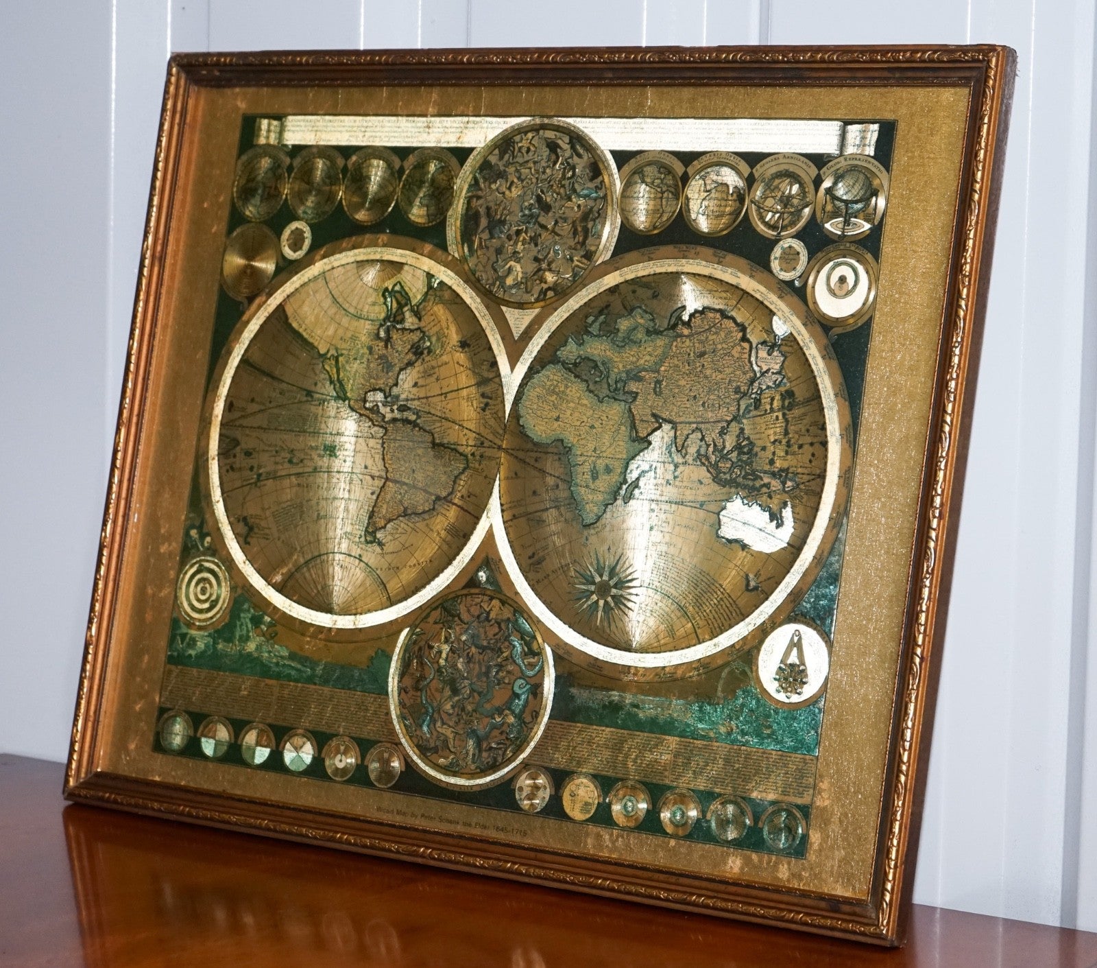VINTAGE FRAMED PRINT PLANISPHAERIUM TERRESTRE GOLD FOIL MAP WORLD PETER SCHENK