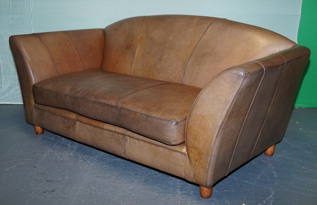 VINTAGE ART DECO STYLE BROWN LEATHER TWO SEATER SOFA