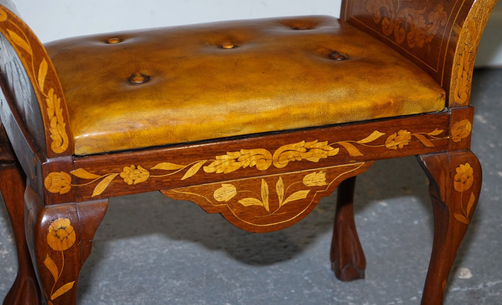 ANTIQUE 1860 DUTCH MARQUETRY WINDOW PIANO STOOL WITH HAND DYED CHESTERFIELD SEAT