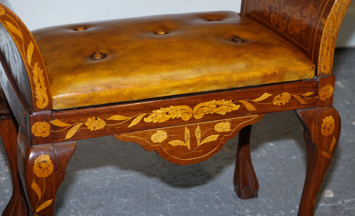 ANTIQUE 1860 DUTCH MARQUETRY WINDOW PIANO STOOL WITH HAND DYED CHESTERFIELD SEAT