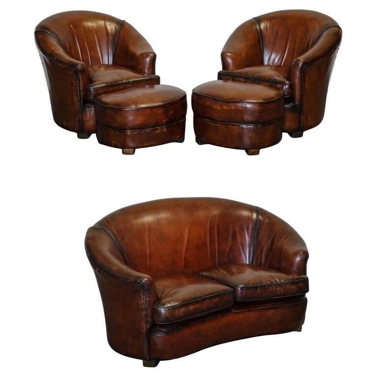 1920'S ART DECO RESTORED HAND DYED WHISKEY BROWN SUITE SOFA ARMCHAIRS FOOTSTOOLS