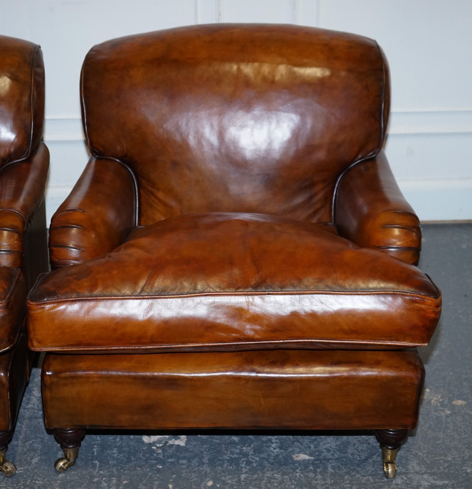 LARGE PAIR HOWARD STYLE HAND DYED LEATHER ARMCHAIRS FEATHER FILLED CUSHIONS
