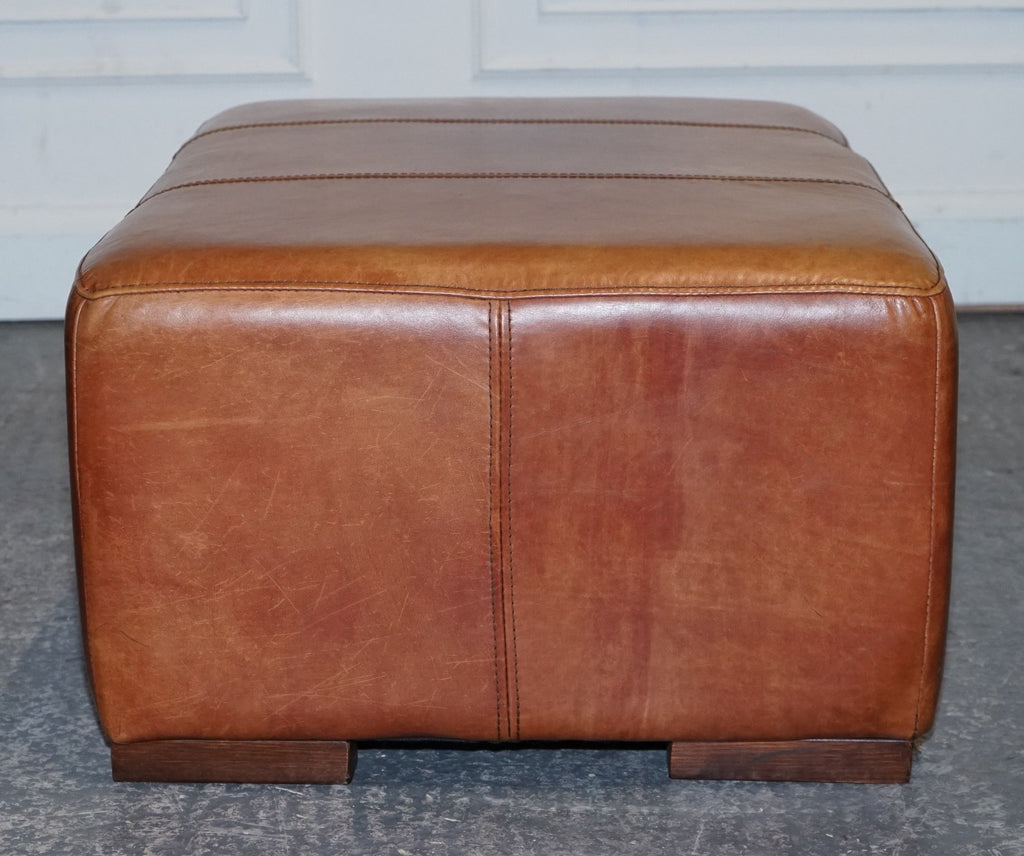 VINTAGE LARGE TAN LEATHER FOOTSTOOL OTTOMAN MADE BY HALO