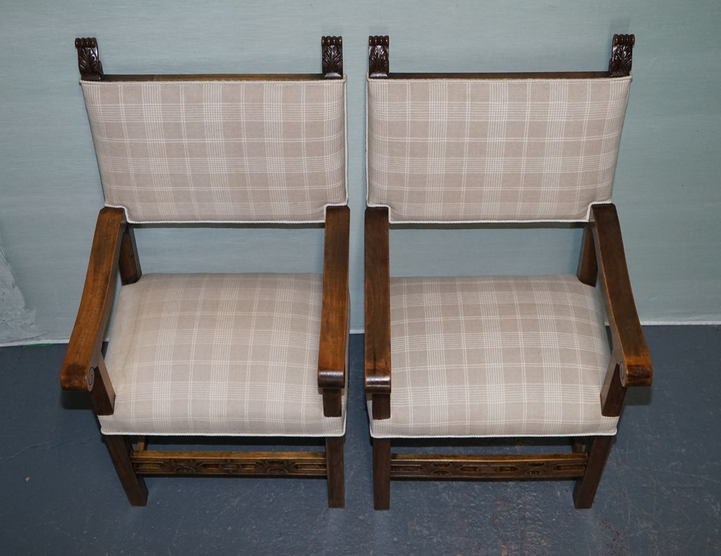 LOVELY PAIR OF VICTORIAN NEWLY UPHOLSTERED CARVER ARMCHAIRS CARVED WOOD DETAIL