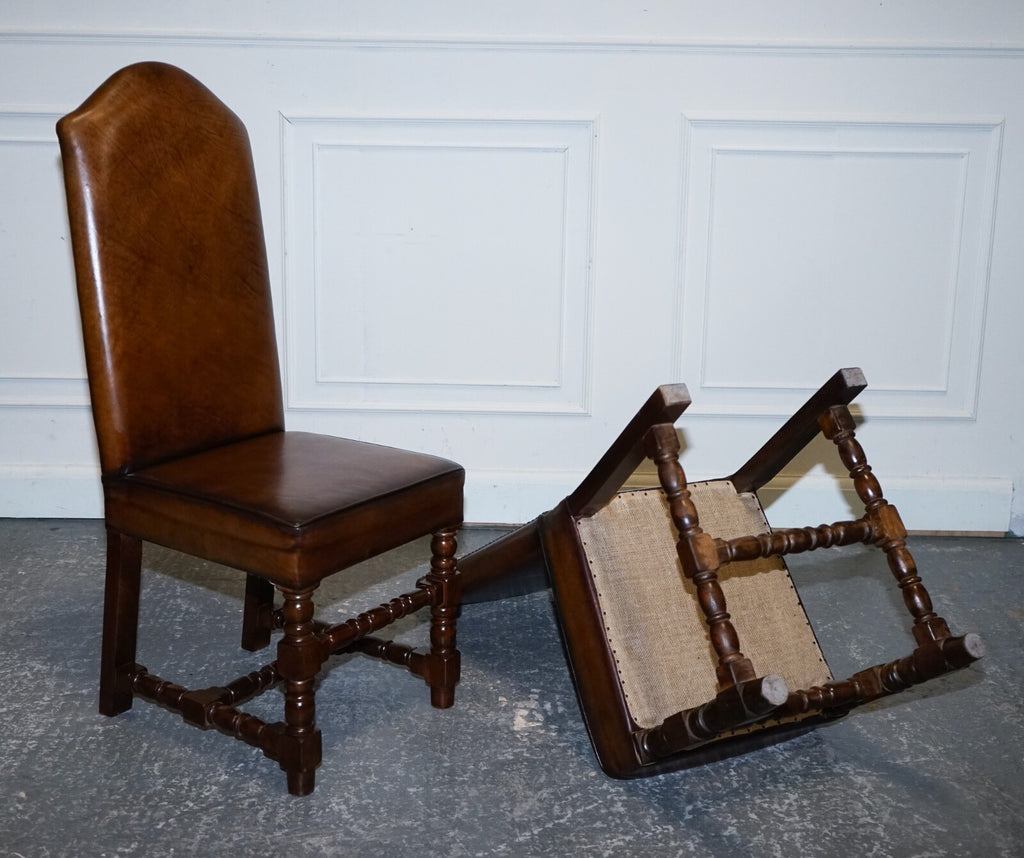 8 RESTORED CROMWELLIAN HAND DYED WHISKEY BROWN LEATHER DINING CHAIRS