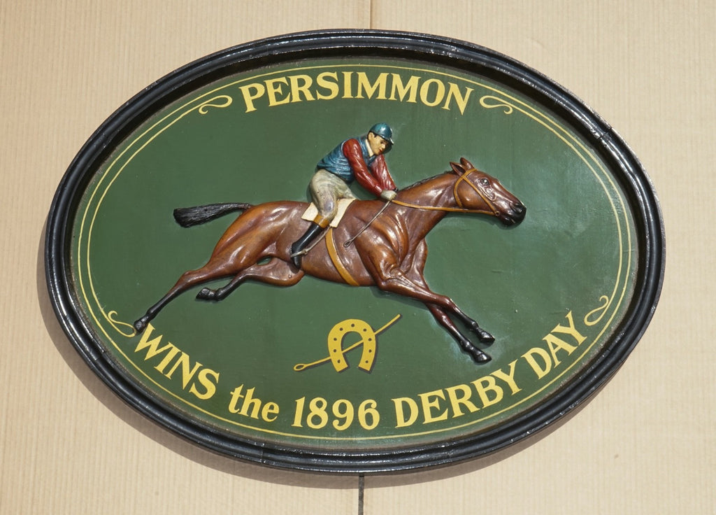 ORIGINAL 1960'S COUNTRY CORNER PUB SIGN PERSIMMON 1896 DERBY DAY SOLID WOOD