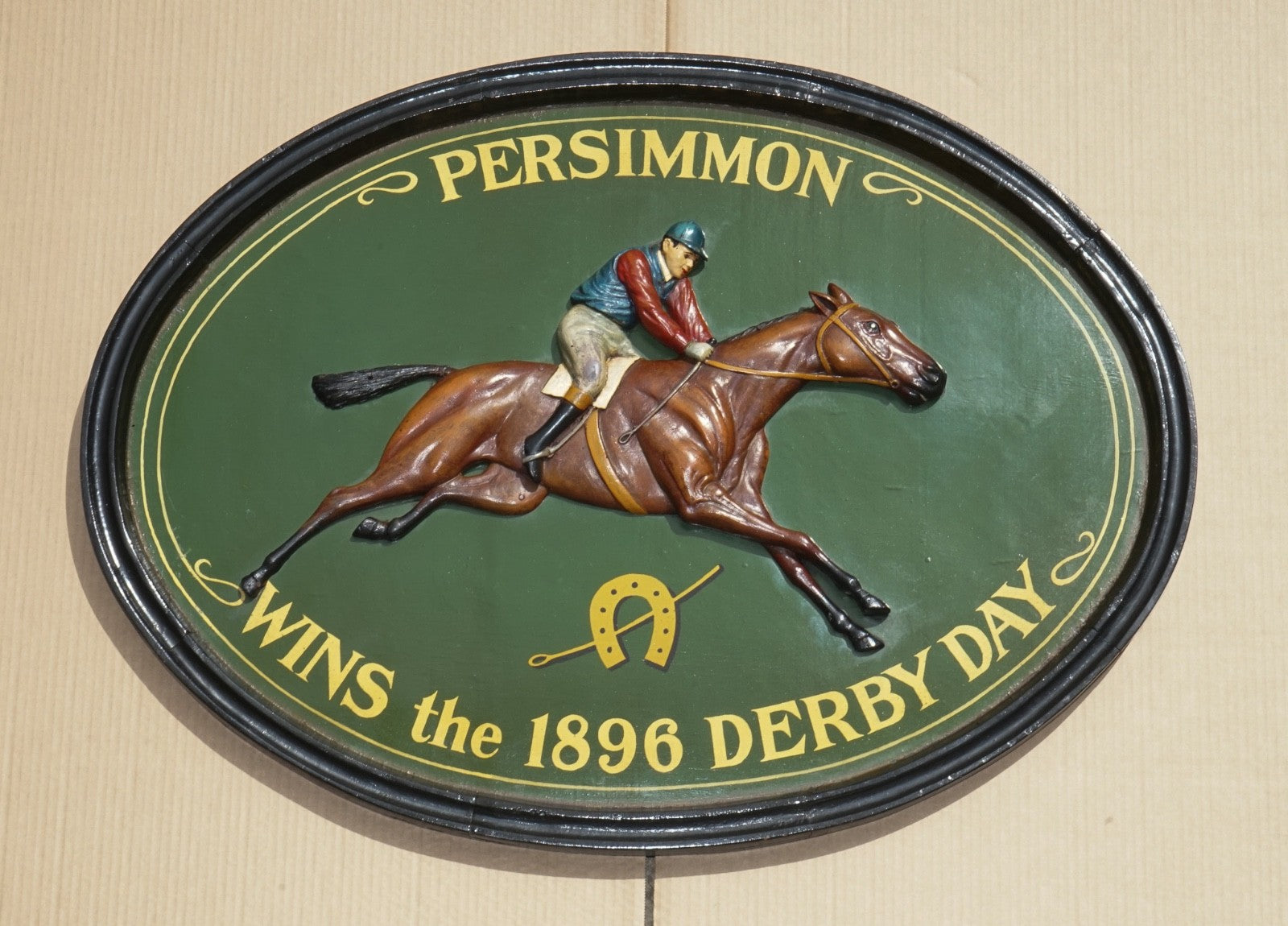 ORIGINAL 1960'S COUNTRY CORNER PUB SIGN PERSIMMON 1896 DERBY DAY SOLID WOOD