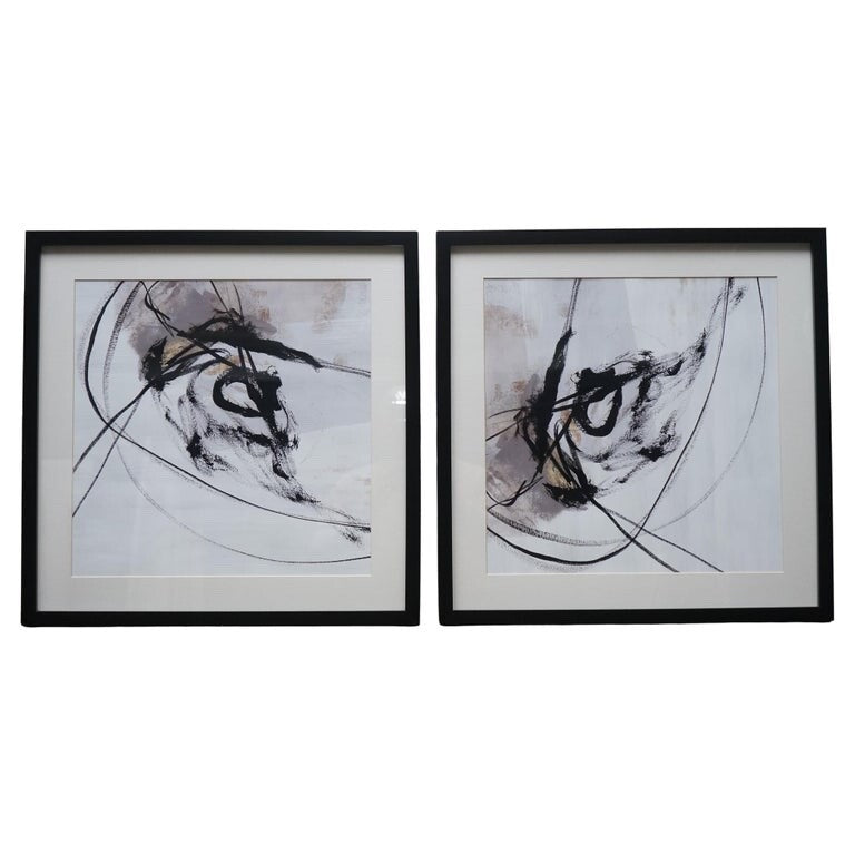 PAIR OF MODERN ART CHARCOAL STYLE WALL PAINTINGS  BLACK FRAME 2/2