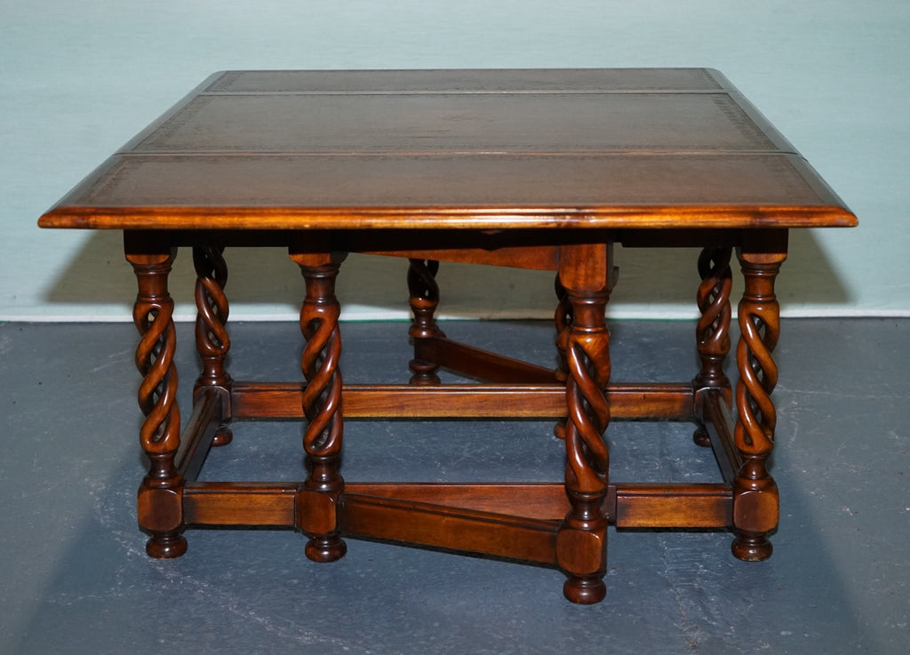 ELEGANT THEODORE ALEXANDER DROP LEAF BARLEY TWIST TABLE WITH LEATHER TOP