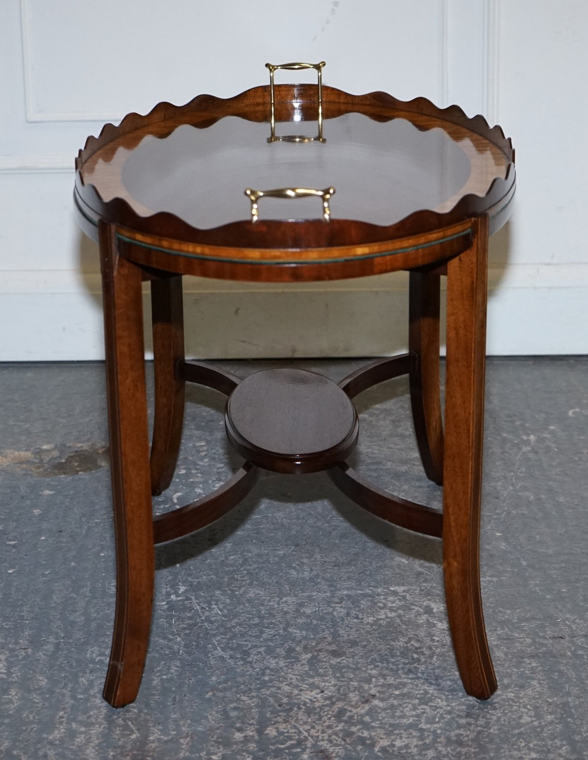 ANTIQUE RESTORED GEORGE III OVL SERVING TRAY AND TABLE WITH  SCALLOPED GALLERY